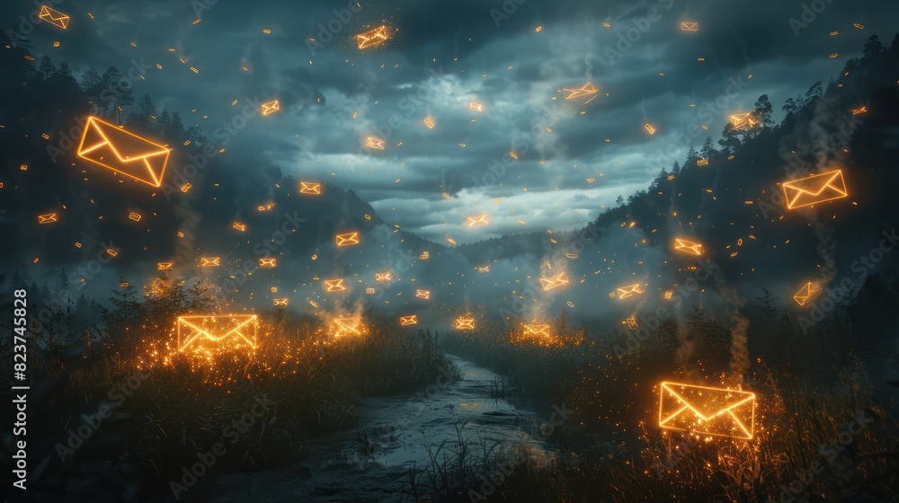 Fototapeta premium Magical glowing envelope icons float over a mystical forest pathway under a stormy sky, symbolizing digital communication.
