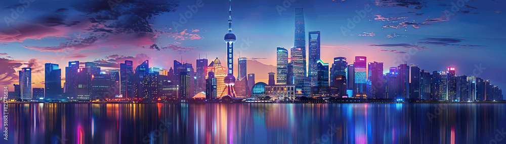 Obraz premium City Skylines at Dusk: Close-up of city skylines at dusk, illuminated buildings, and twilight views, highlighting the city's dynamic and vibrant nightlife