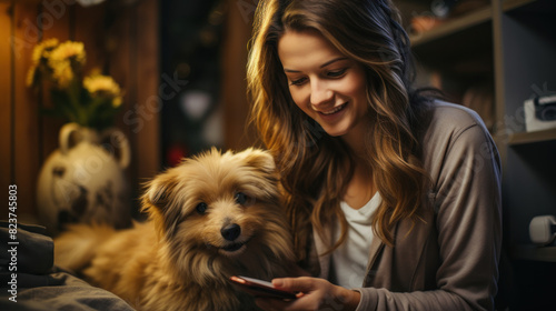 A warm and cozy image featuring a woman smiling while she pets a fluffy dog and looks at her smartphone, possibly reading or texting