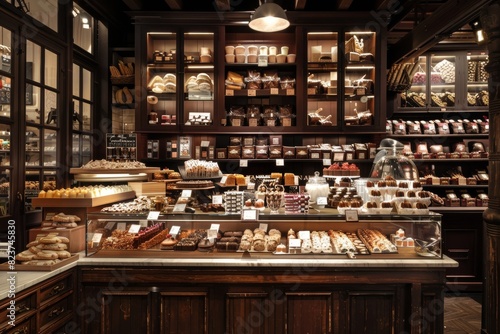 Cozy Belgian Chocolate Shop Interior with Detailed Display of Pastries and Chocolates Under Warm Lighting