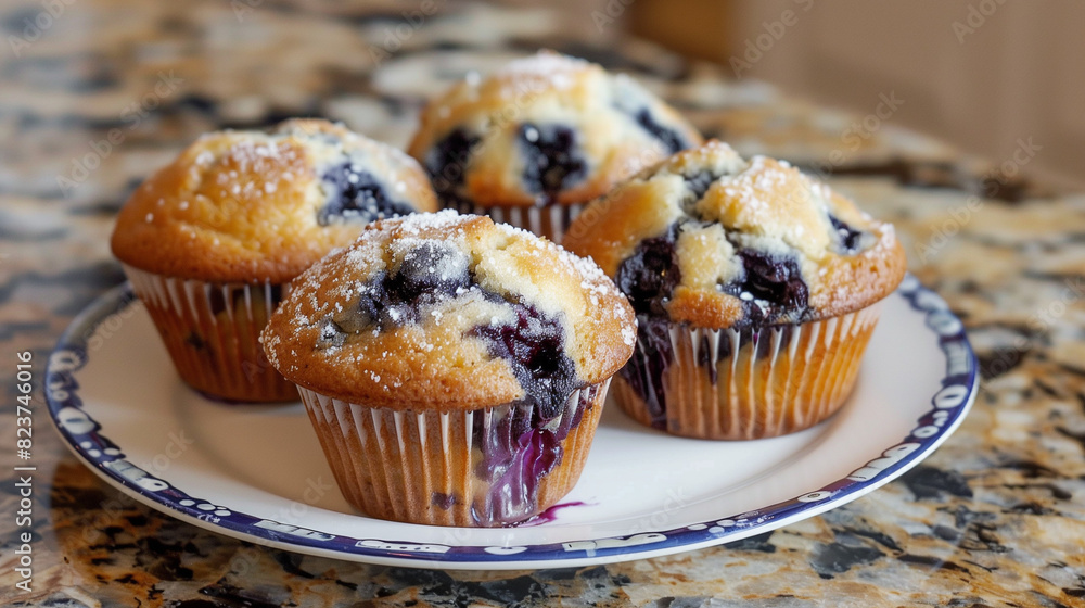 Homemade blueberry muffins on a plate, fresh from the oven, exuding the aroma of cinnamon and fresh berries, ready for a delightful morning breakfast. Homemade blueberry muffins on a plate, fresh from the oven, exuding the aroma of cinnamon and fresh berries, ready for a delightful morning breakfast.