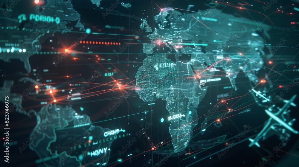 Digital Global Map Highlighting Animated Logistic Network Routes and Nodes - International Trade Visualization for Global Businesses Digital Global Map Highlighting Animated Logistic Network Routes and Nodes - International Trade Visualization for Global Businesses