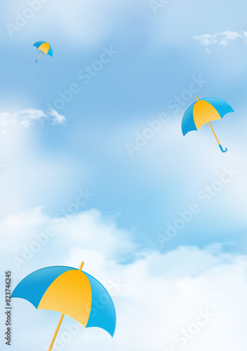 Poster template for Great Monsoon Sale design with colorful umbrellas and clouds. Vertical position. Vector illustration