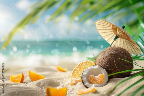 a coconut and oranges on a beach with a parasol
