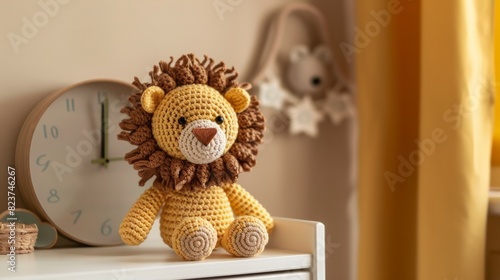 Handmade crochet lion doll on dresser in baby room generative ai photo