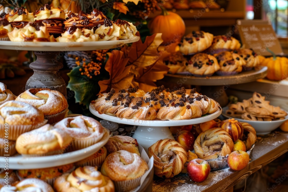 Festive Autumn Bakery Cafe Decor with Seasonal Pumpkin Spice Muffins and Apple Turnovers for Fall