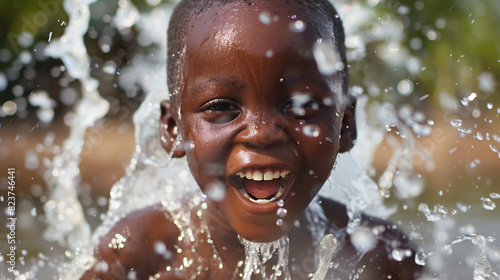An African boy brings the scenery to life with his exuberant energy as he leaps in the colorful splash of water.