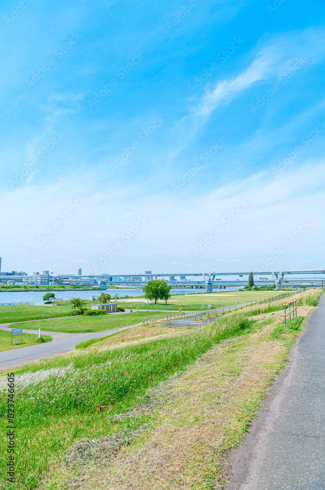 Obraz premium 初夏に広がる青空・河川敷