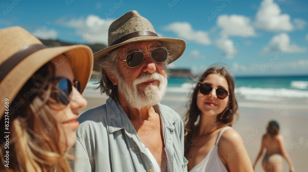 An older man, with a smile on his face, relaxes on the beach in the company of two young women. An older man, with a smile on his face, relaxes on the beach in the company of two young women.