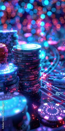 Vibrant casino scene with stacks of colorful poker chips and glowing lights, capturing the exciting atmosphere of a night in Las Vegas.