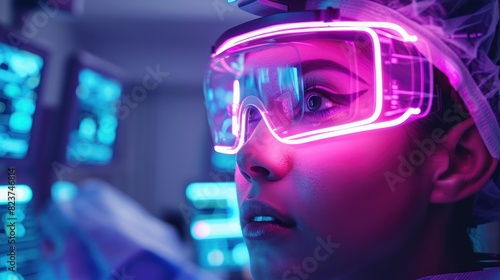 Woman in futuristic neon glasses operating advanced technology with screens, represents innovation, science, and virtual reality in a tech environment.