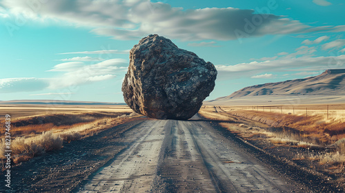 There is a large, uneven stone on the downtown road, effectively blocking the road. photo