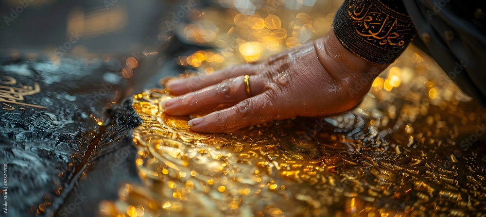 A close-up of a pilgrim's hand touching the Kaaba, capturing the texture of the black cloth and the gold threads A close-up of a pilgrim's hand touching the Kaaba, capturing the texture of the black cloth and the gold threads