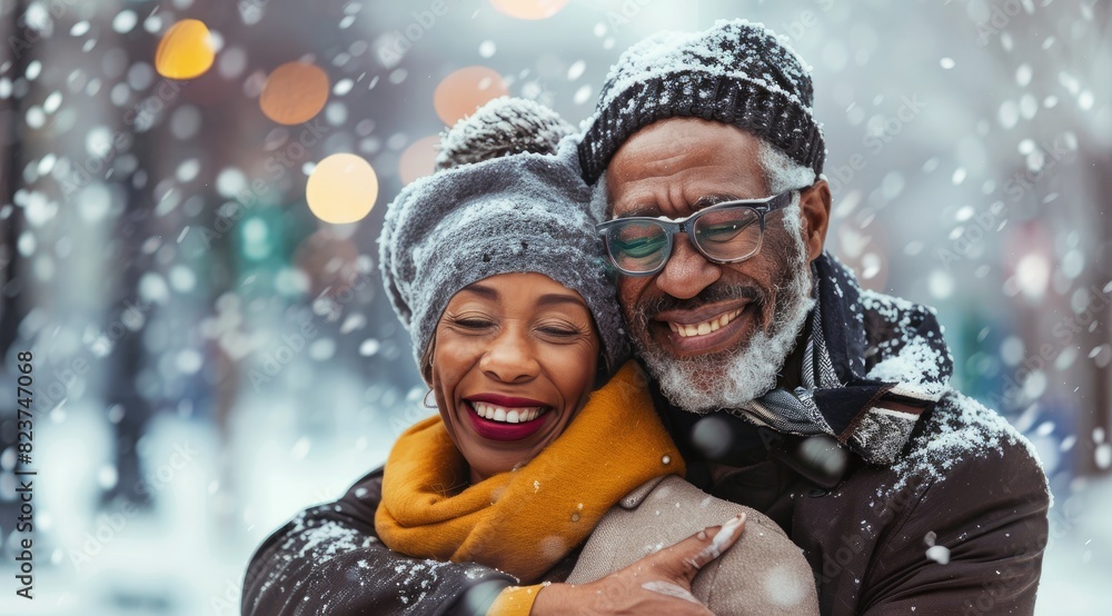 Happy senior African American couple in love, hugging and smiling while walking on the street in winter day Happy senior African American couple in love, hugging and smiling while walking on the street in winter day