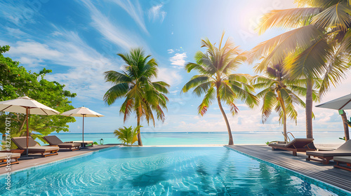 Beautiful view of an resort hotel outdoor swimming pool with beach view, summer concept photo
