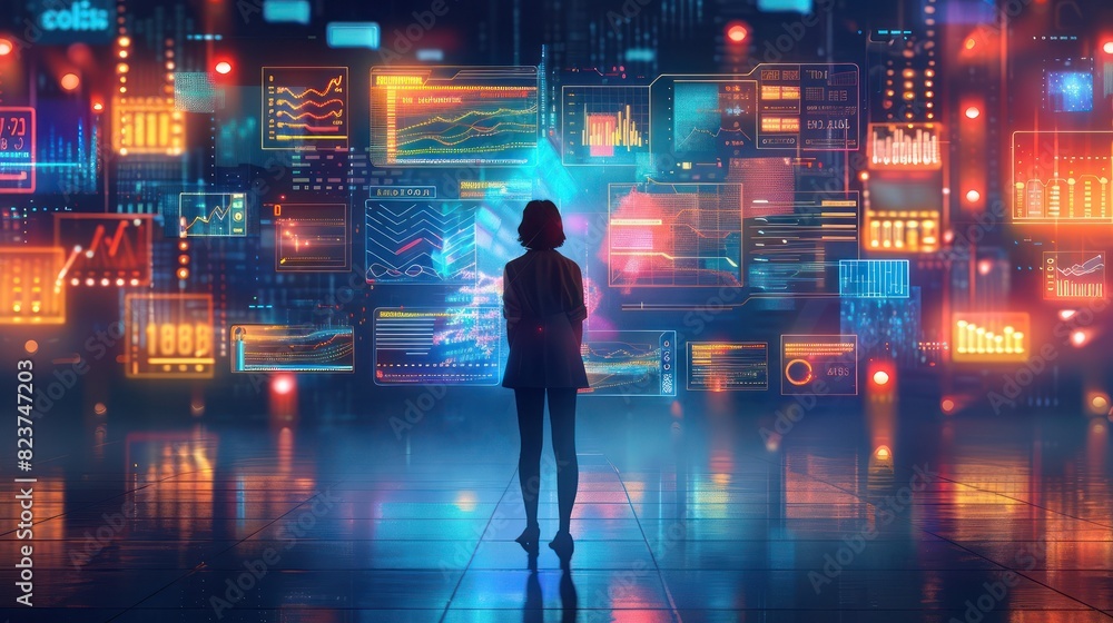 A person standing before a futuristic digital interface with holographic data displays, symbolizing technology, innovation, and data analytics. A person standing before a futuristic digital interface with holographic data displays, symbolizing technology, innovation, and data analytics.