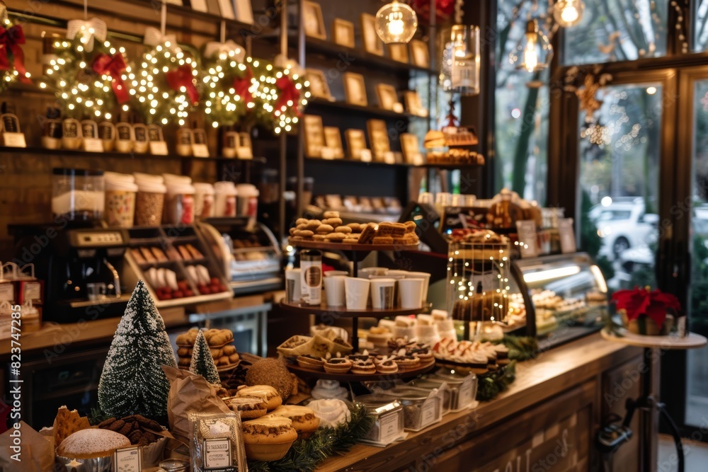 Festive Christmas Bakery Display with Coffee and Seasonal Treats, Decorated with Lights and Holiday Colors
