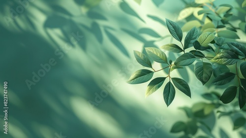 Beautiful green leaves casting shadows on a pastel green background  creating a serene and natural atmosphere.