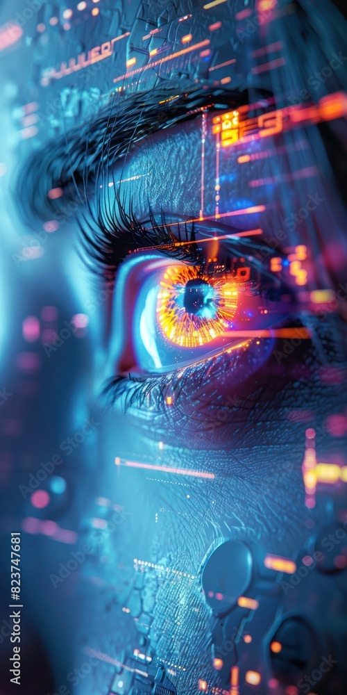 Obraz premium Close-up of a human eye with futuristic digital overlay, showcasing technology integration and innovation in data visualization.
