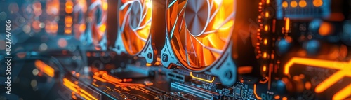 Close-up of high-performance computer components with vibrant RGB lighting, showcasing cooling fans and intricate circuit board details. photo