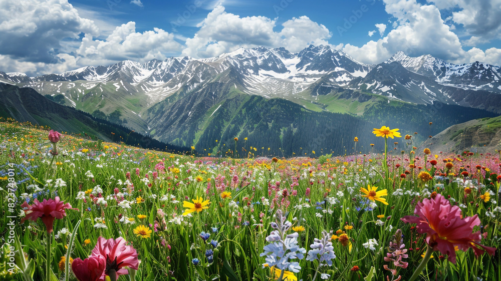 a scene of fold mountains with snow-capped peaks and a field of vibrant wildflowers