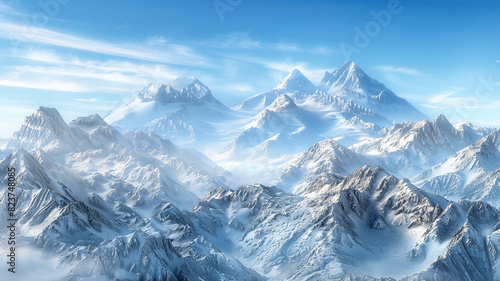 a scene of fold mountains with snow-covered summits and a clear, blue sky