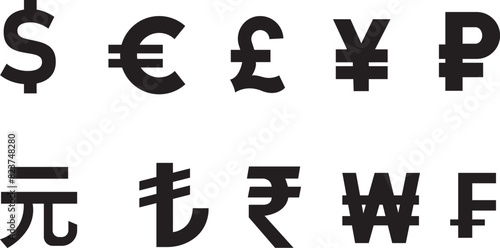 International currency symbol icons. Currency symbols. Dollar, Euro, Pound, Ruble, Rupee, Yen or Yuan, Franc, Won, Renminbi and Turkish lira se. Money kind icons. Vector Illustration. Vector graphic.  photo