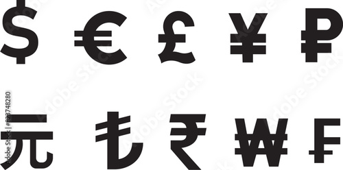 International currency symbol icons. Currency symbols. Dollar, Euro, Pound, Ruble, Rupee, Yen or Yuan, Franc, Won, Renminbi and Turkish lira se. Money kind icons. Vector Illustration. Vector graphic. 