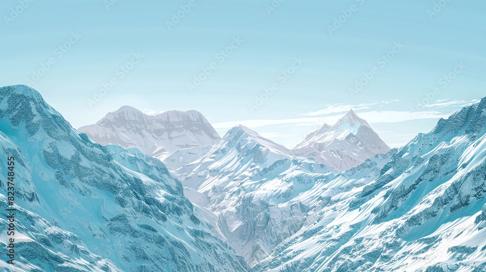 a scene of fold mountains with snow-covered summits and a clear, blue sky a scene of fold mountains with snow-covered summits and a clear, blue sky