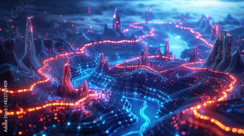 Futuristic aerial view with neon lines and glowing rivers depicting a digital landscape. Perfect for technology and sci-fi themes. photo