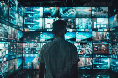 a man standing in front of a wall of television screens