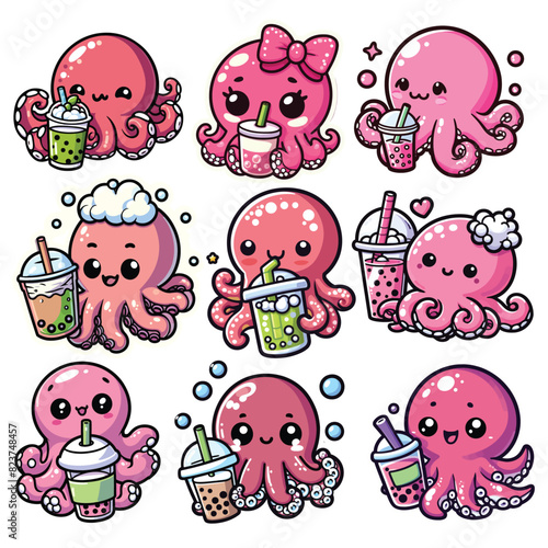 Set of Cute octopus cartoon icons or stickers collection, flat vector illustration isolated. photo