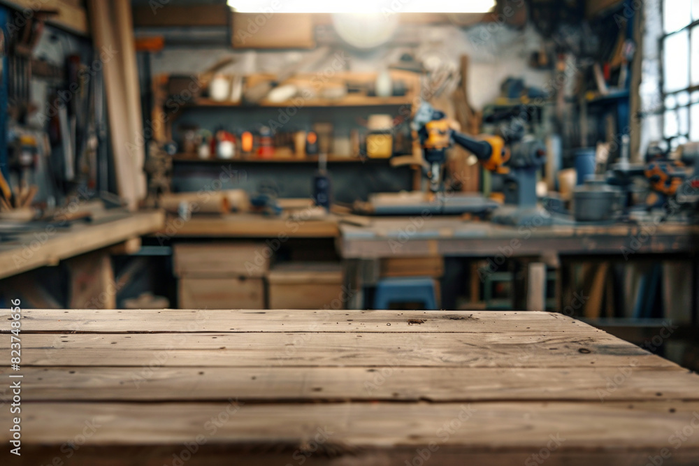 A wooden workbench in the foreground with a blurred background of an industrial workshop. The background includes various tools and equipment, metalworking machines, safety gear, and shelves. A wooden workbench in the foreground with a blurred background of an industrial workshop. The background includes various tools and equipment, metalworking machines, safety gear, and shelves.