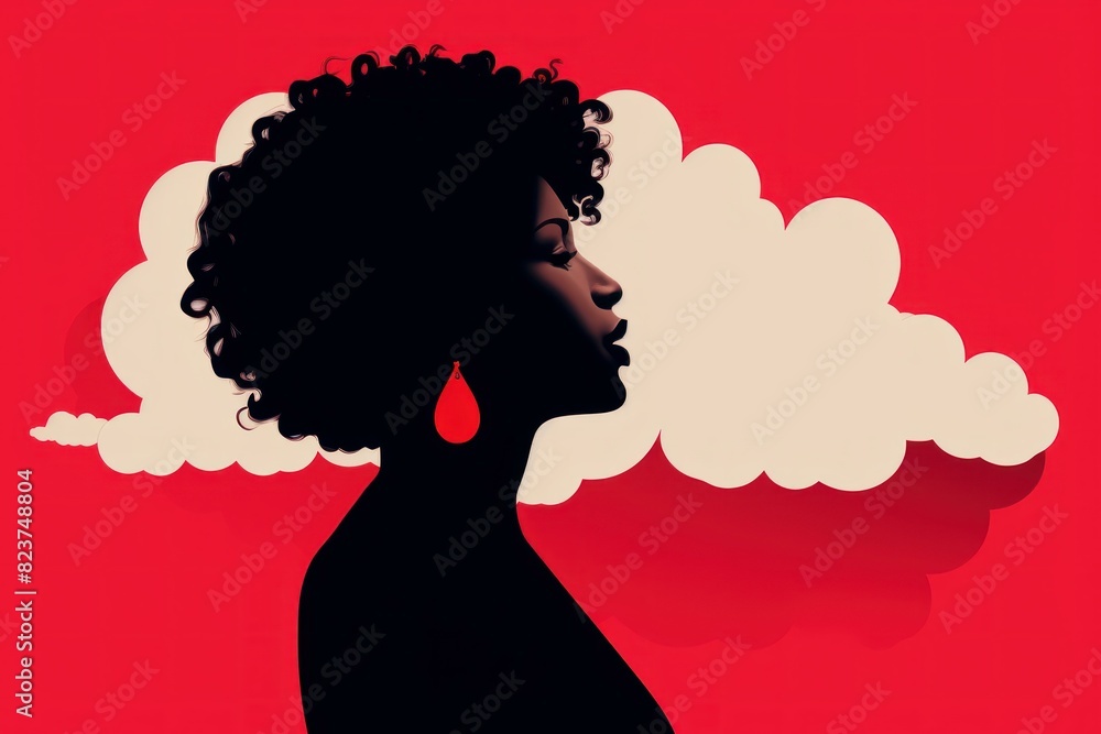 Artistic profile of a woman with curly hair against a vivid red backdrop with white clouds Artistic profile of a woman with curly hair against a vivid red backdrop with white clouds