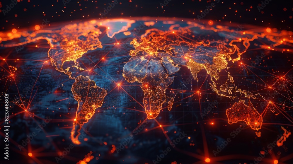 World map with glowing trade routes illustrating global connections World map with glowing trade routes illustrating global connections