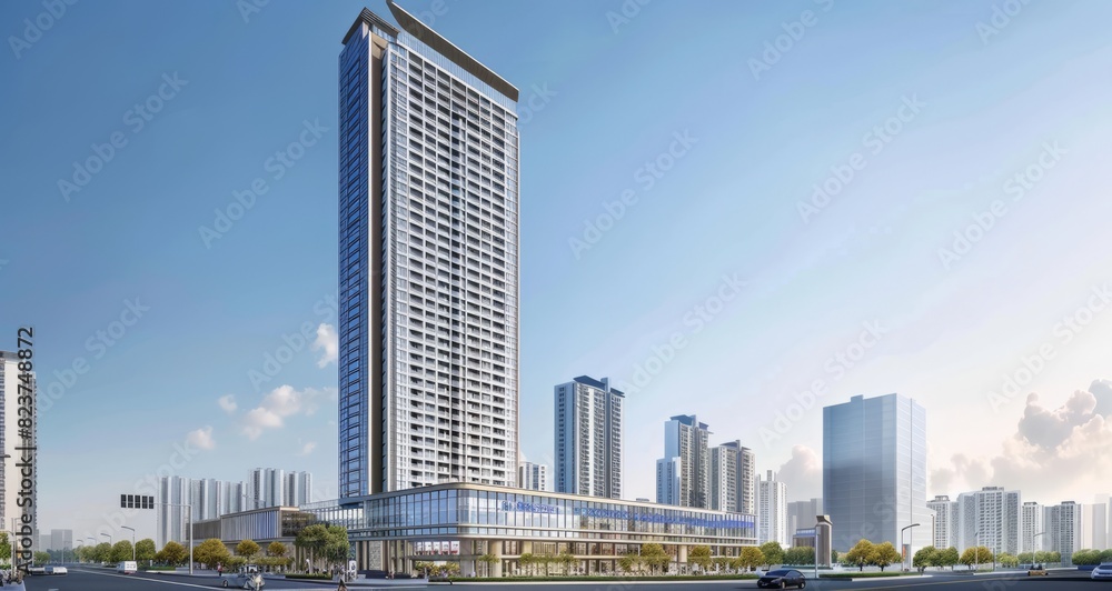 Obraz premium An exterior facade design in a modernist architectural style with sharp lines and blue accents on a white background