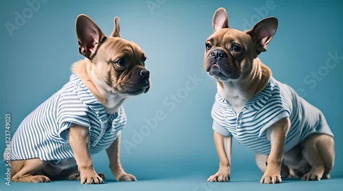 A Darling French Bulldog, Adorned in Clothing, Stands with a Searching Glance, Trembling with Sadness on a Serene Blue Studio Background. photo