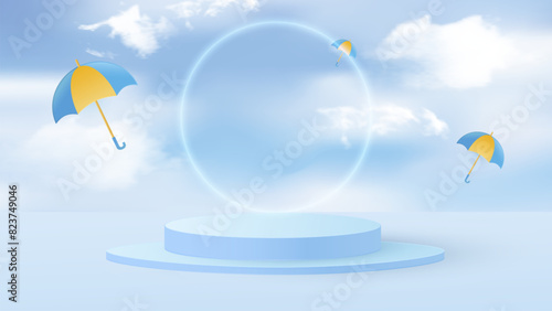 Round podium for displaying products during the rainy season. Design with realistic clouds and flying colorful umbrellas. Vector illustration.