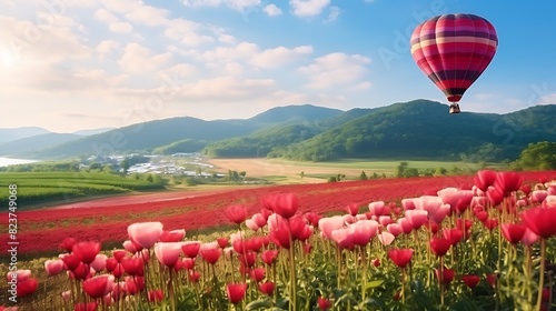 red flower garden field khao kho with balloons in khao kho district phetchabun province thailand photo