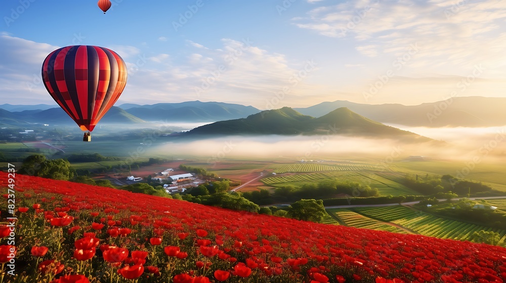Fototapeta premium red flower garden field khao kho with balloons in khao kho district phetchabun province thailand