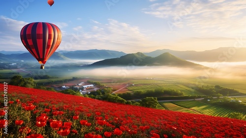 red flower garden field khao kho with balloons in khao kho district phetchabun province thailand