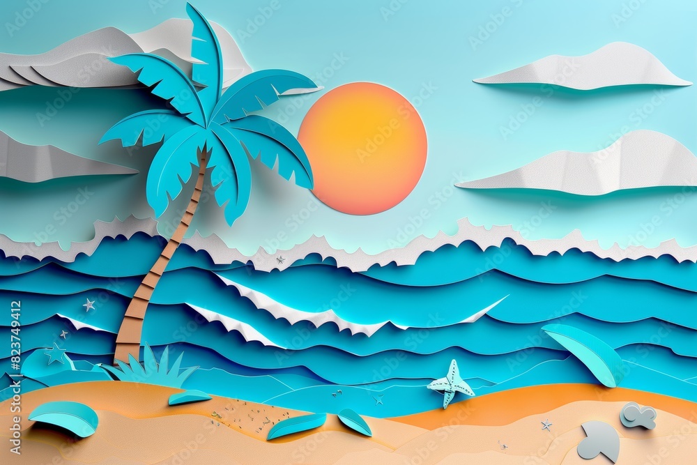 a paper cut of a beach with a palm tree