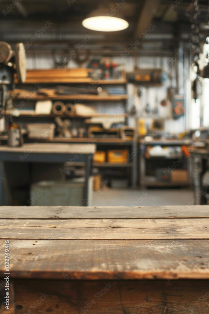A wooden workbench in the foreground with a blurred background of an industrial workshop. The background includes various tools and equipment, metalworking machines, safety gear, and shelves. A wooden workbench in the foreground with a blurred background of an industrial workshop. The background includes various tools and equipment, metalworking machines, safety gear, and shelves.