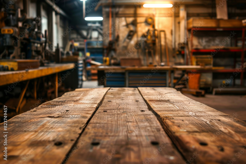A wooden workbench in the foreground with a blurred background of an industrial workshop. The background includes various tools and equipment, metalworking machines, safety gear, and shelves. A wooden workbench in the foreground with a blurred background of an industrial workshop. The background includes various tools and equipment, metalworking machines, safety gear, and shelves.