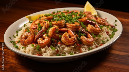 A plate of shrimp and rice featuring Cajun