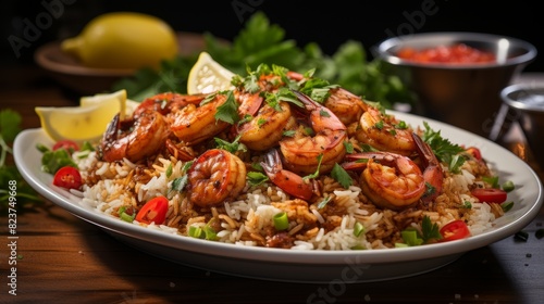 A plate of shrimp and rice featuring Cajun