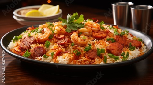 A plate of shrimp and rice featuring Cajun © Media Srock
