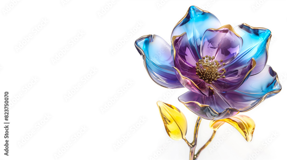 A beautiful glass flower sculpture with vibrant blue and purple petals and yellow leaves on a white background. A beautiful glass flower sculpture with vibrant blue and purple petals and yellow leaves on a white background.