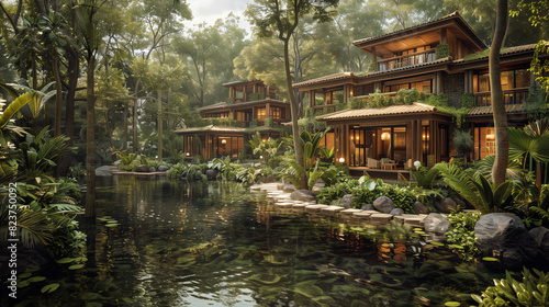 Serene eco-resort in a lush tropical forest with tranquil water features and green foliage creating a peaceful atmosphere