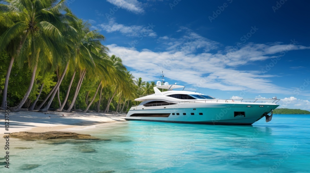 A Luxurious Yacht Anchored In a tropical beach